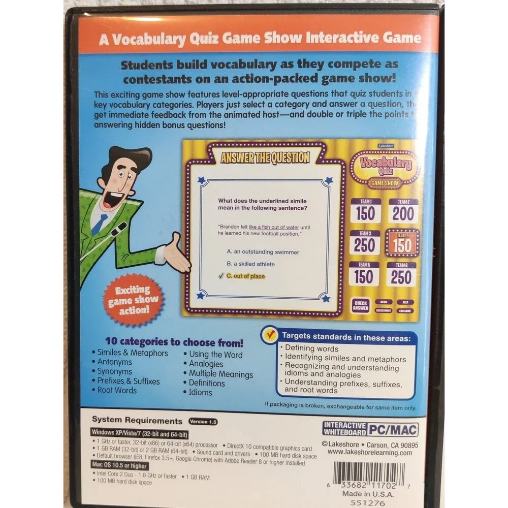 Lakeshore Education Lot of 2 Vocabulary Quiz,Fractions PC/MAC -2 Software Games